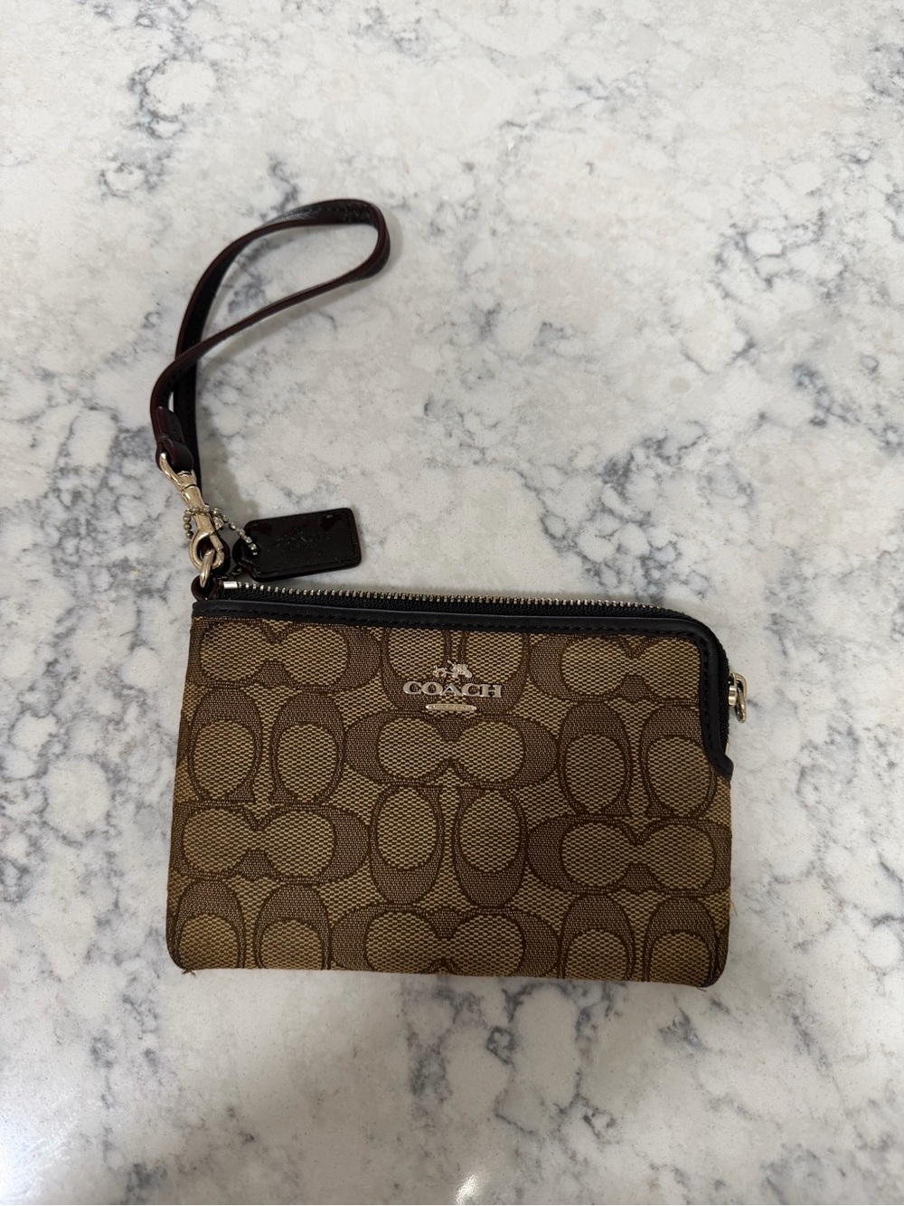 Coach Brown Signature Canvas Wristlet with Dark Leather Trim